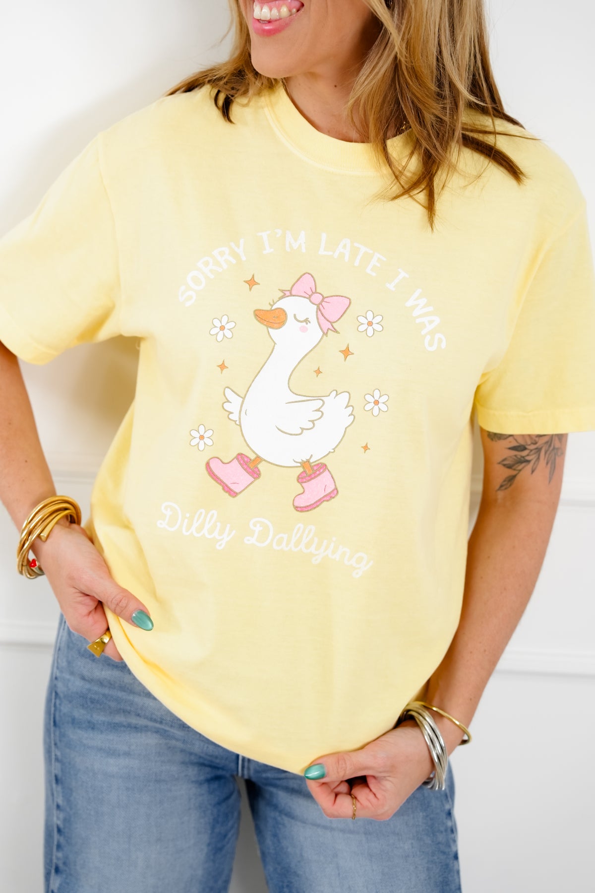 Plus/Reg Short Sleeve "Sorry I'm Late" Graphic Tee - Freckled Poppy