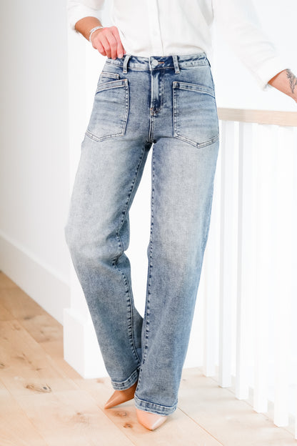 Risen Mid Rise Medium Wash Relaxed Fit Baggy Jeans with Patch Pockets - Freckled Poppy