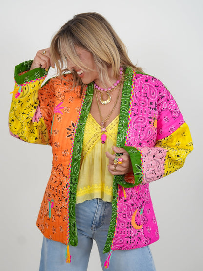 POL Quilted Patchwork Print Long Sleeve Kimono Jacket - Freckled Poppy