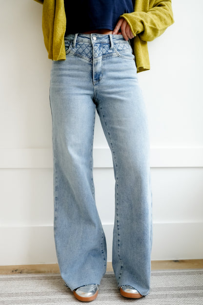 Judy Blue High Rise Quilted Yoke Medium Wash Retro Wide Leg Jeans - Freckled Poppy