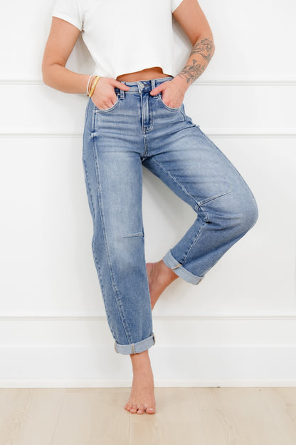 Restock! Risen The Hollis Rise Medium Wash Boyfriend Cuffed Barrel Jeans - Freckled Poppy