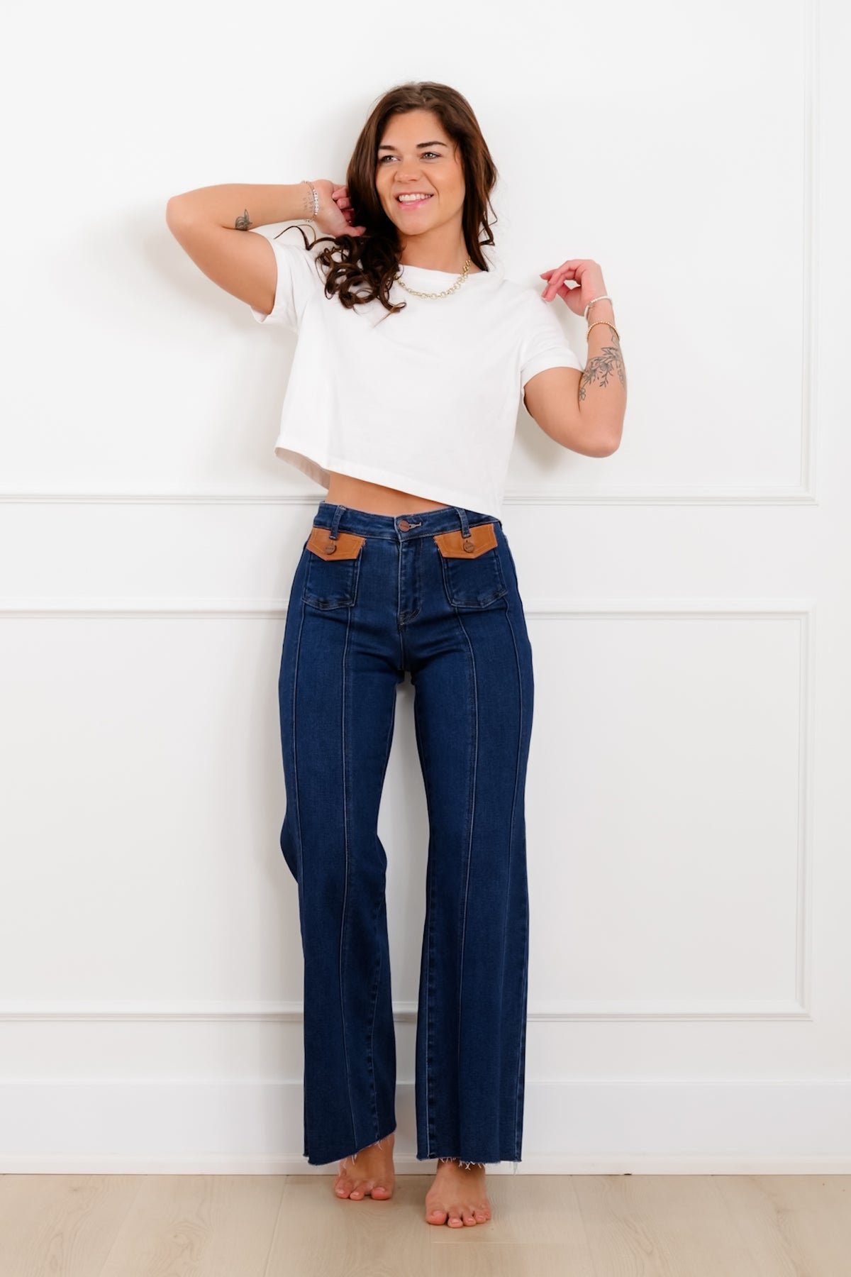 Risen High Rise Dark Wash Wide Flare Jeans with Leather Pocket Flap - Freckled Poppy