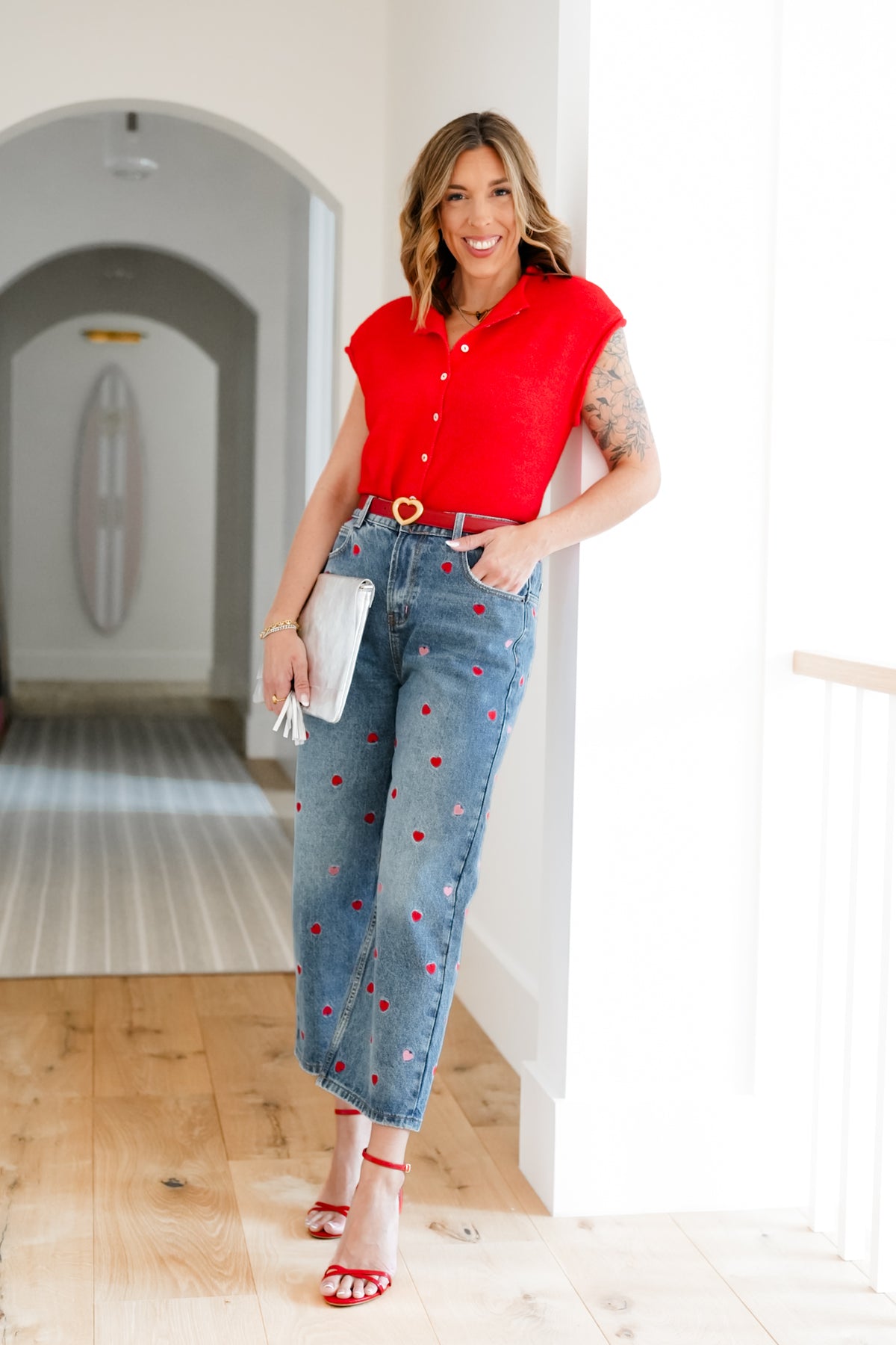 Medium Washed High Rise Embroidered Hearts Jeans - Freckled Poppy