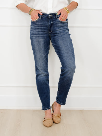 Restock! Judy Blue My Favorite Boyfriend Mid-Rise Dark Wash Non Distressed Cuffed Boyfriend Jeans - Freckled Poppy