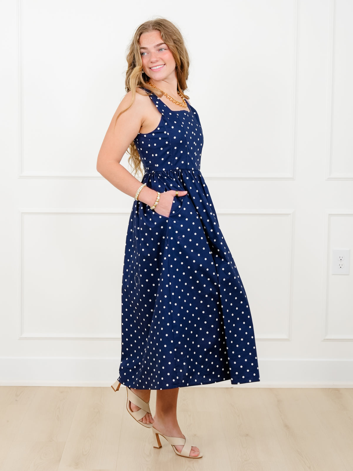 Polka Dot Sleeveless Square Neck Midi Dress - Freckled Poppy