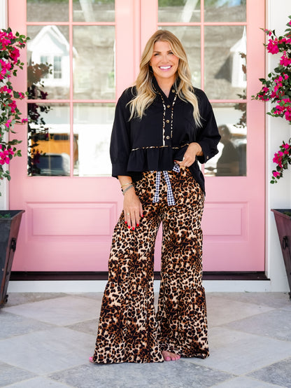Plus/Reg Leopard Print Elastic Waist Tiered Wide Leg Pants - Freckled Poppy