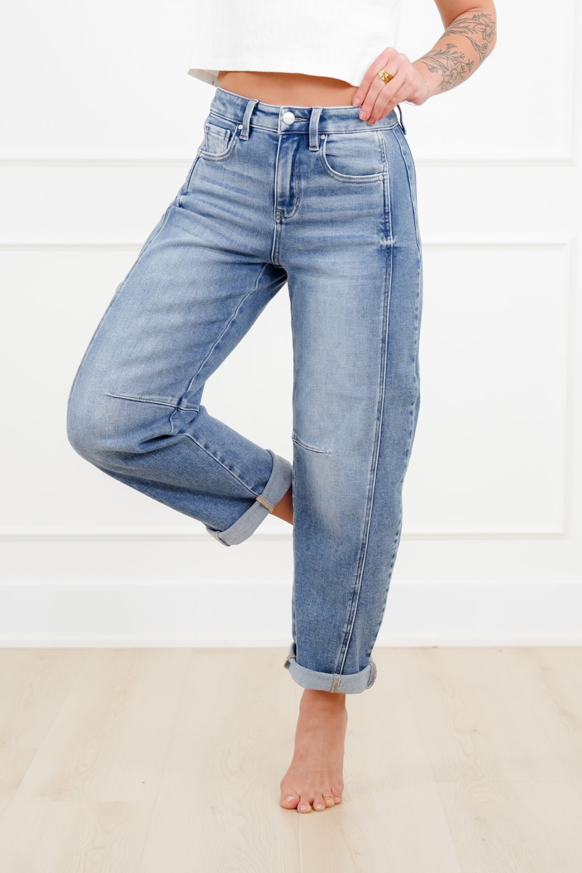 Restock! Risen The Hollis Rise Medium Wash Boyfriend Cuffed Barrel Jeans - Freckled Poppy