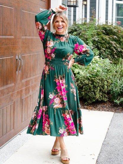 Plus/Reg Floral Print Long Sleeve Elastic Waist Midi Dress