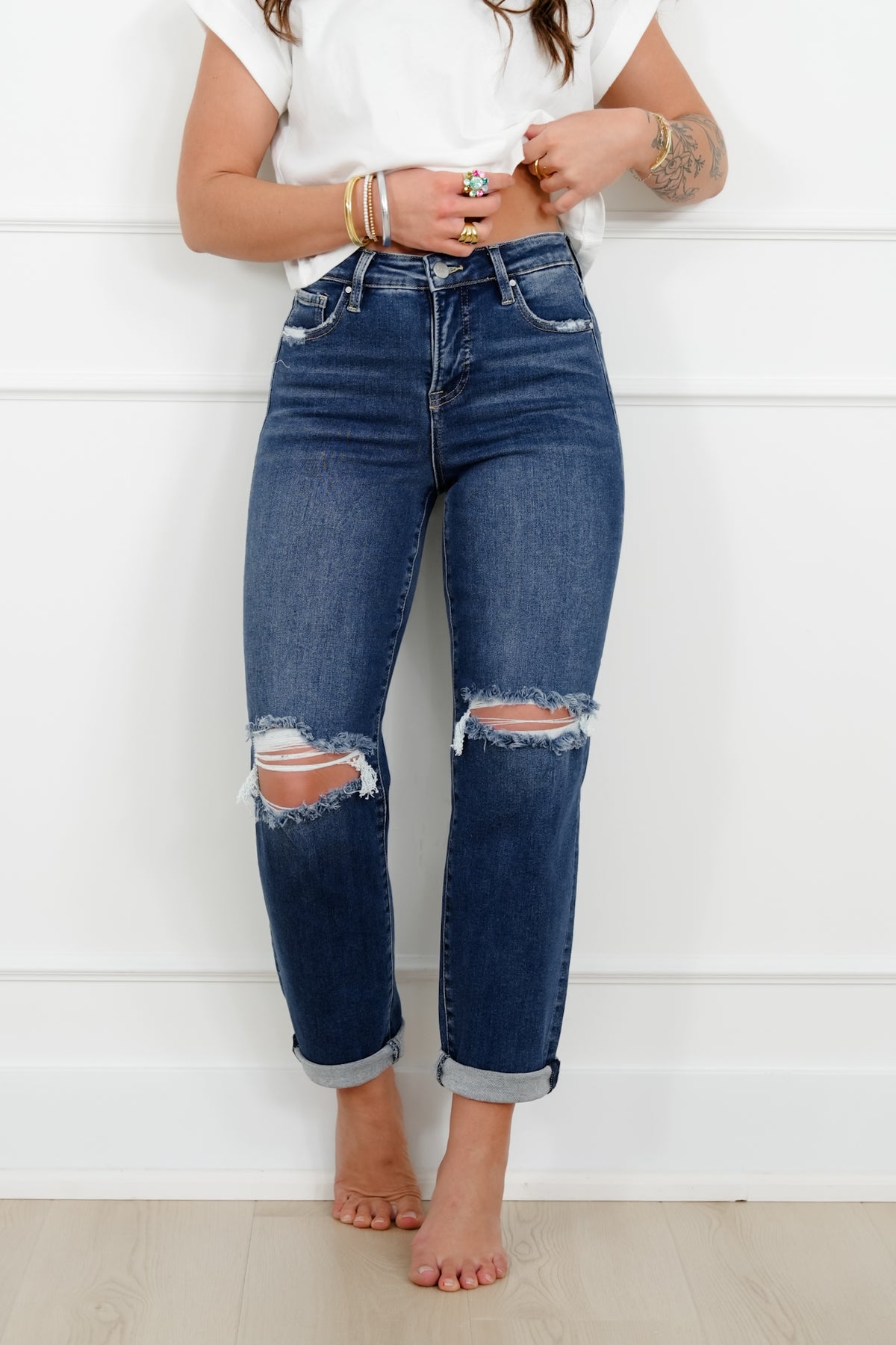 Risen High Rise Dark Wash Tummy Control Distressed Girlfriend Jeans - Freckled Poppy
