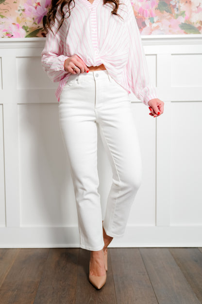 Judy Blue The Cape Cod High Rise White Tummy Control Ankle Straight Leg Jeans - Freckled Poppy
