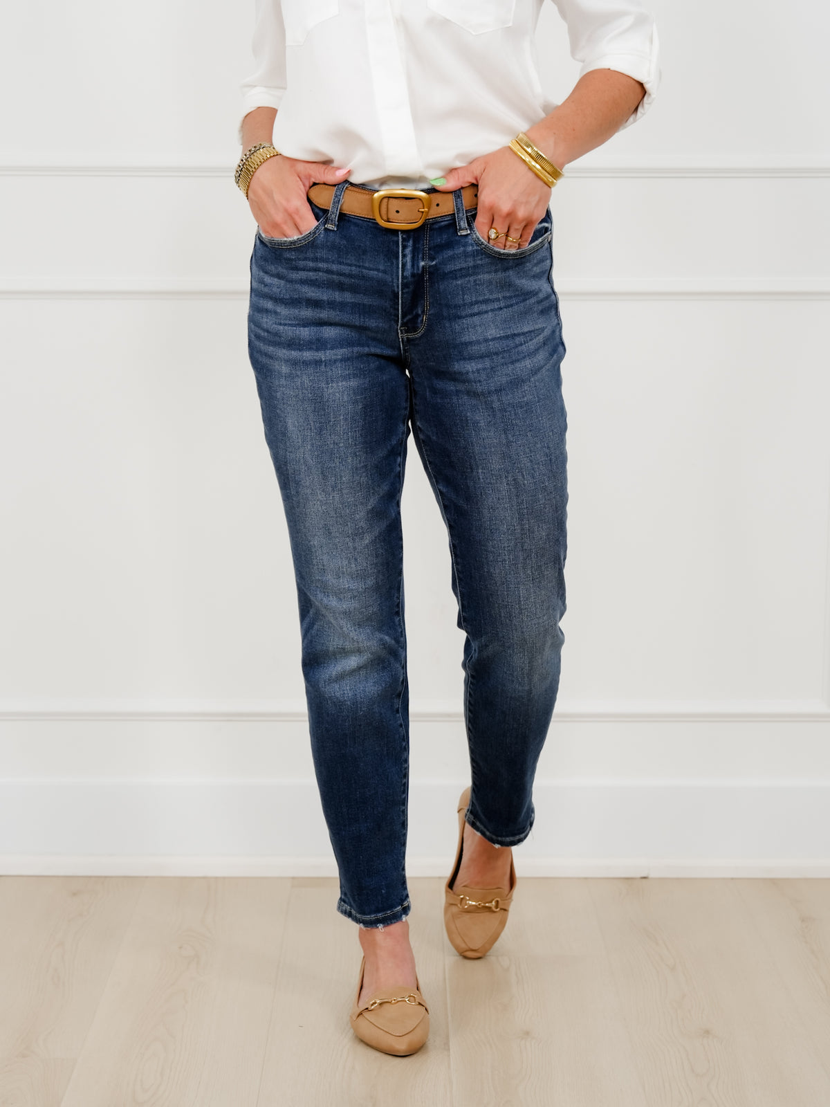Restock! Judy Blue My Favorite Boyfriend Mid-Rise Dark Wash Non Distressed Cuffed Boyfriend Jeans - Freckled Poppy