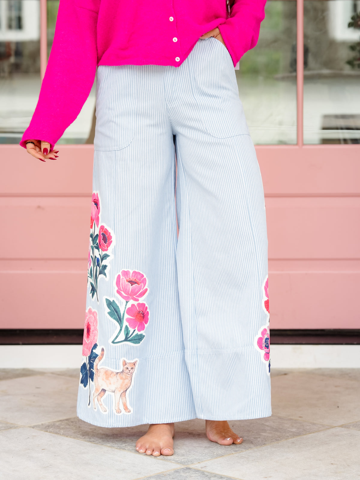 Plus/Reg Stripe High Waist Wide Leg Pants with Floral Cat Detail - Freckled Poppy