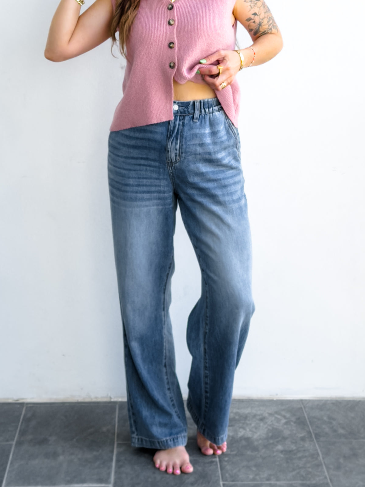 Judy Blue The Bay Breeze Multiple Inseam Featherweight Baggy Jeans with Elastic Waist Band - Freckled Poppy