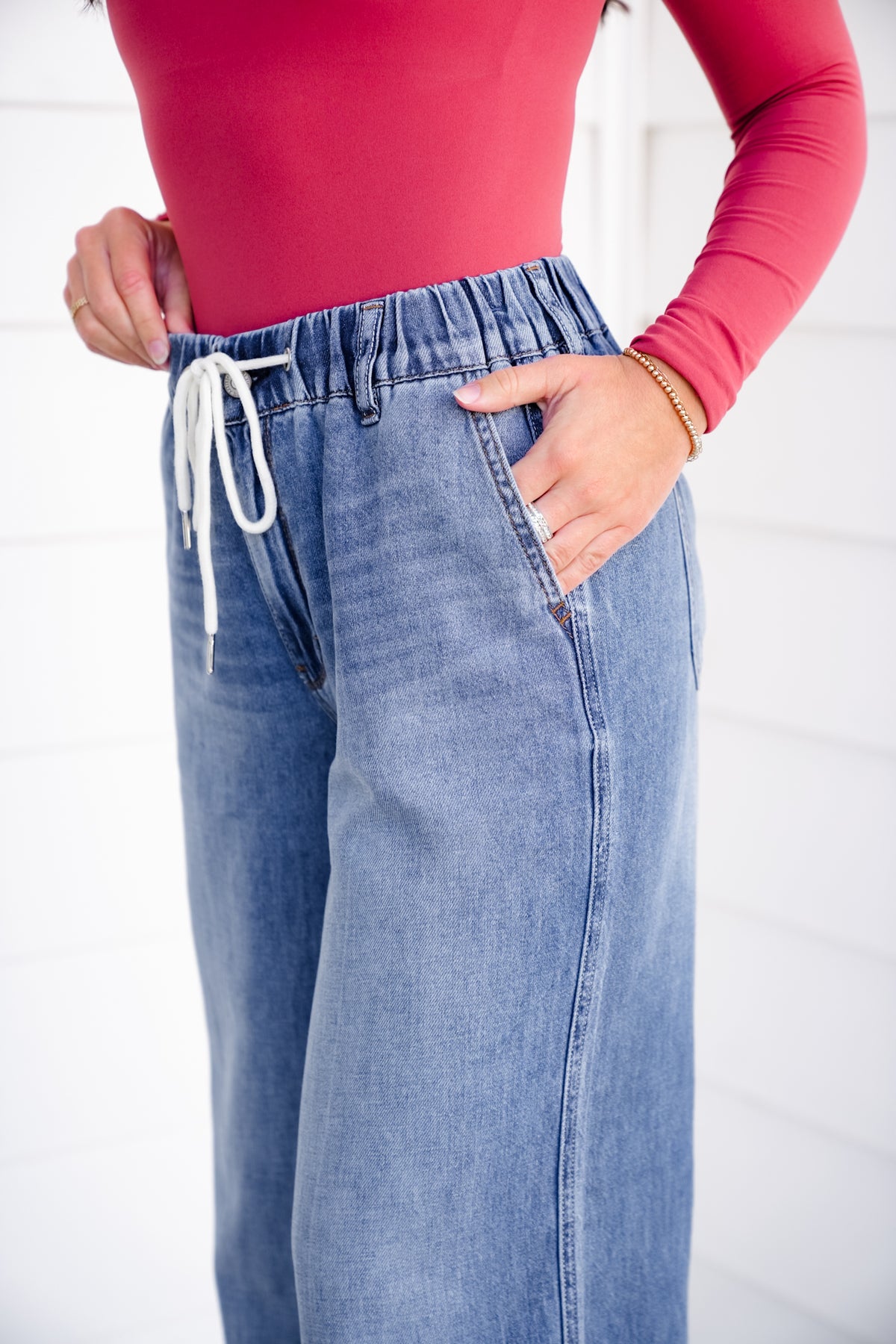 Judy Blue High Rise Dark Wash Elastic Waistband Featherweight Palazzo Jeans - Freckled Poppy