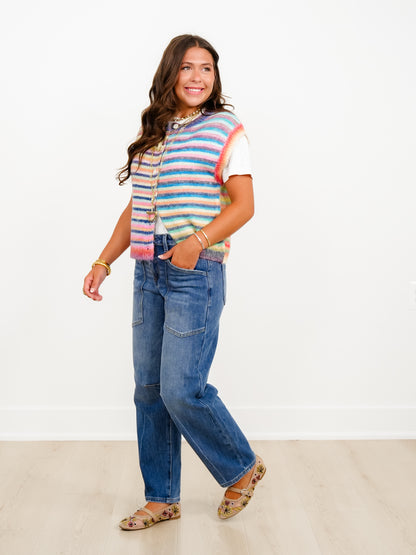 Risen High Rise Dark Wash Patch Pocket Barrel Jeans With 4 Way Stretch - Freckled Poppy