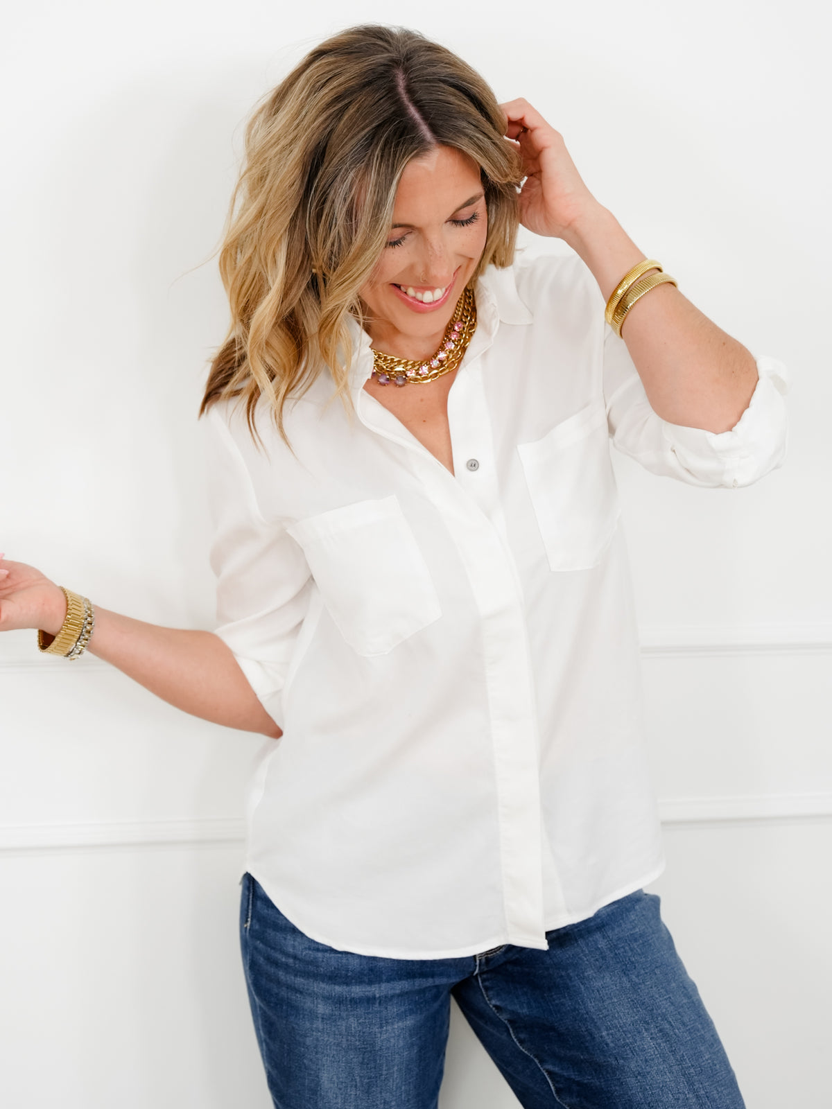 Solid Long Sleeve Button Down Collared Top - Freckled Poppy