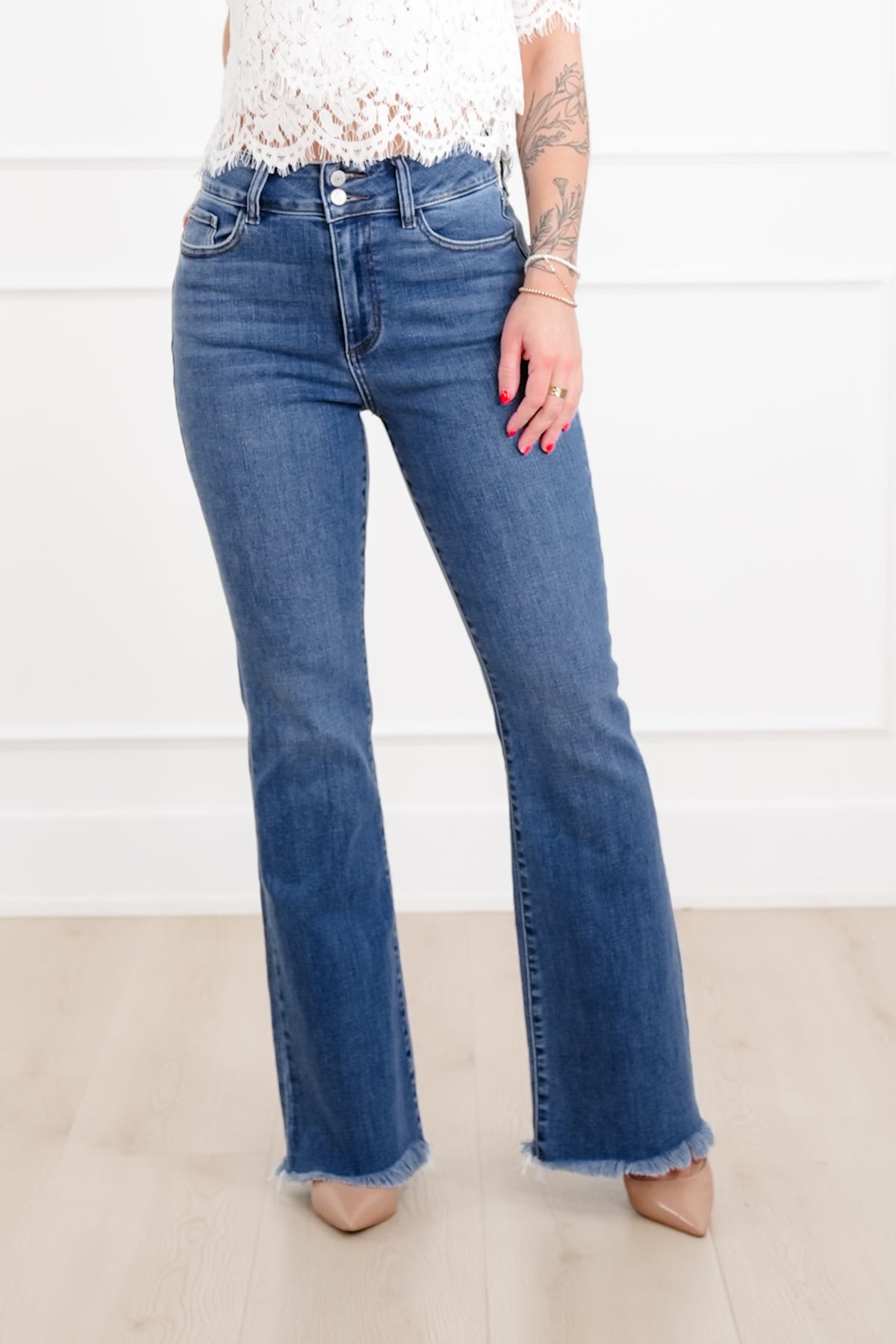 Judy Blue The Delilah High Rise Medium Wash Double Button Frayed Hem Bootcut Jeans - Freckled Poppy