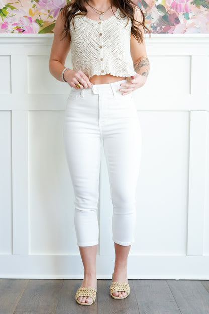 Judy Blue High Rise White Tummy Control Capri with Extended Waistband - Freckled Poppy