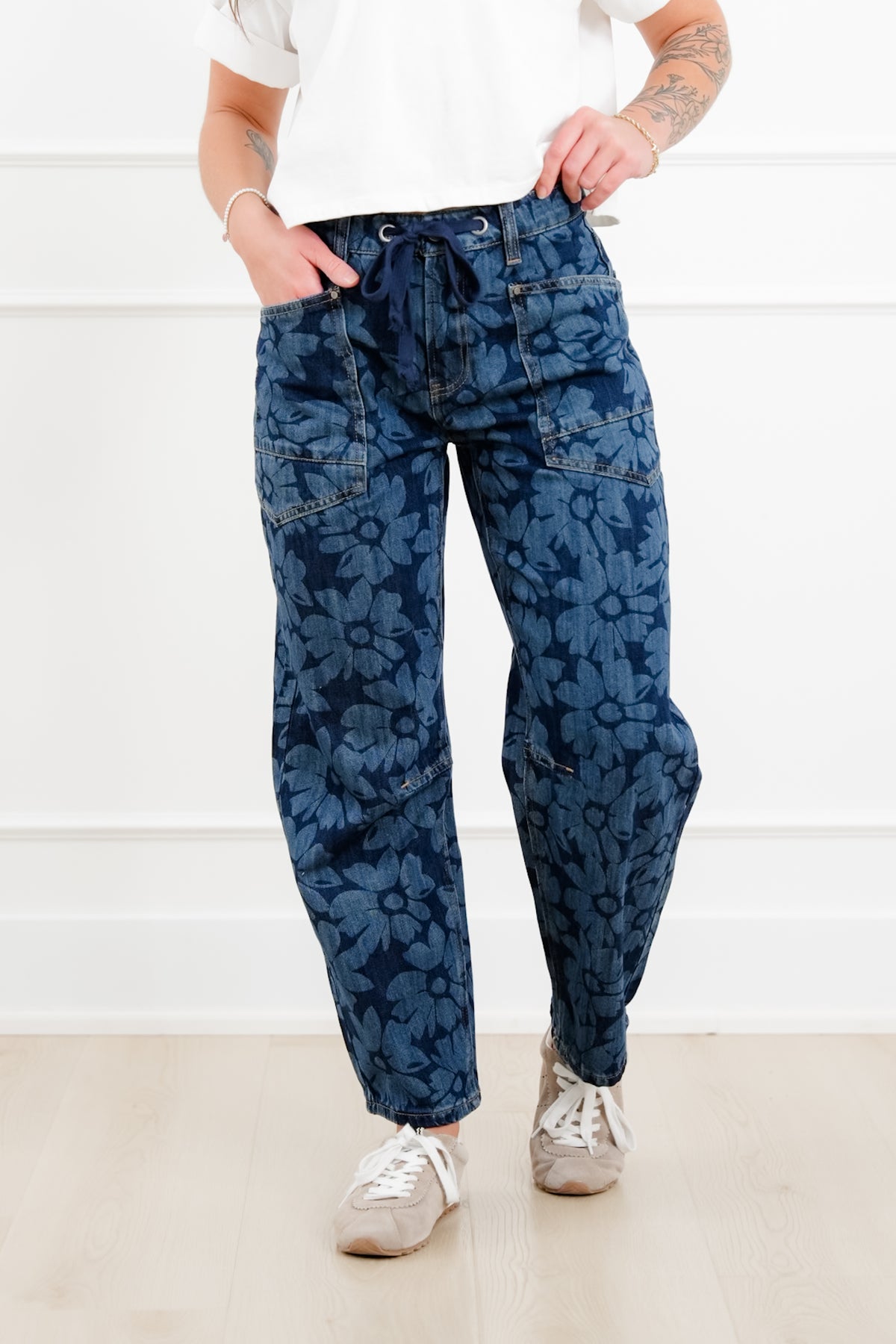 Risen Mid Rise Dark Wash Floral Relaxed Barrel Jeans - Freckled Poppy