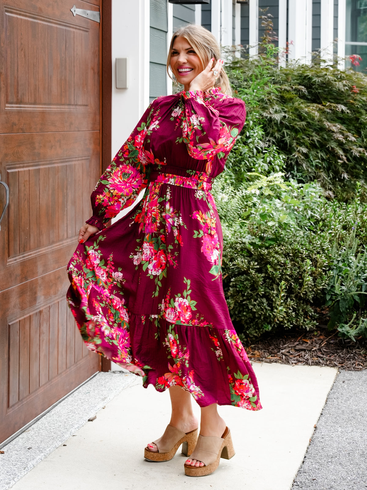 Plus/Reg Floral Print Long Sleeve Elastic Waist Midi Dress