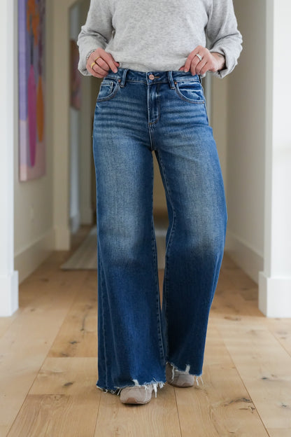 Risen High Rise Dark Wash Wide Leg Jeans - Freckled Poppy