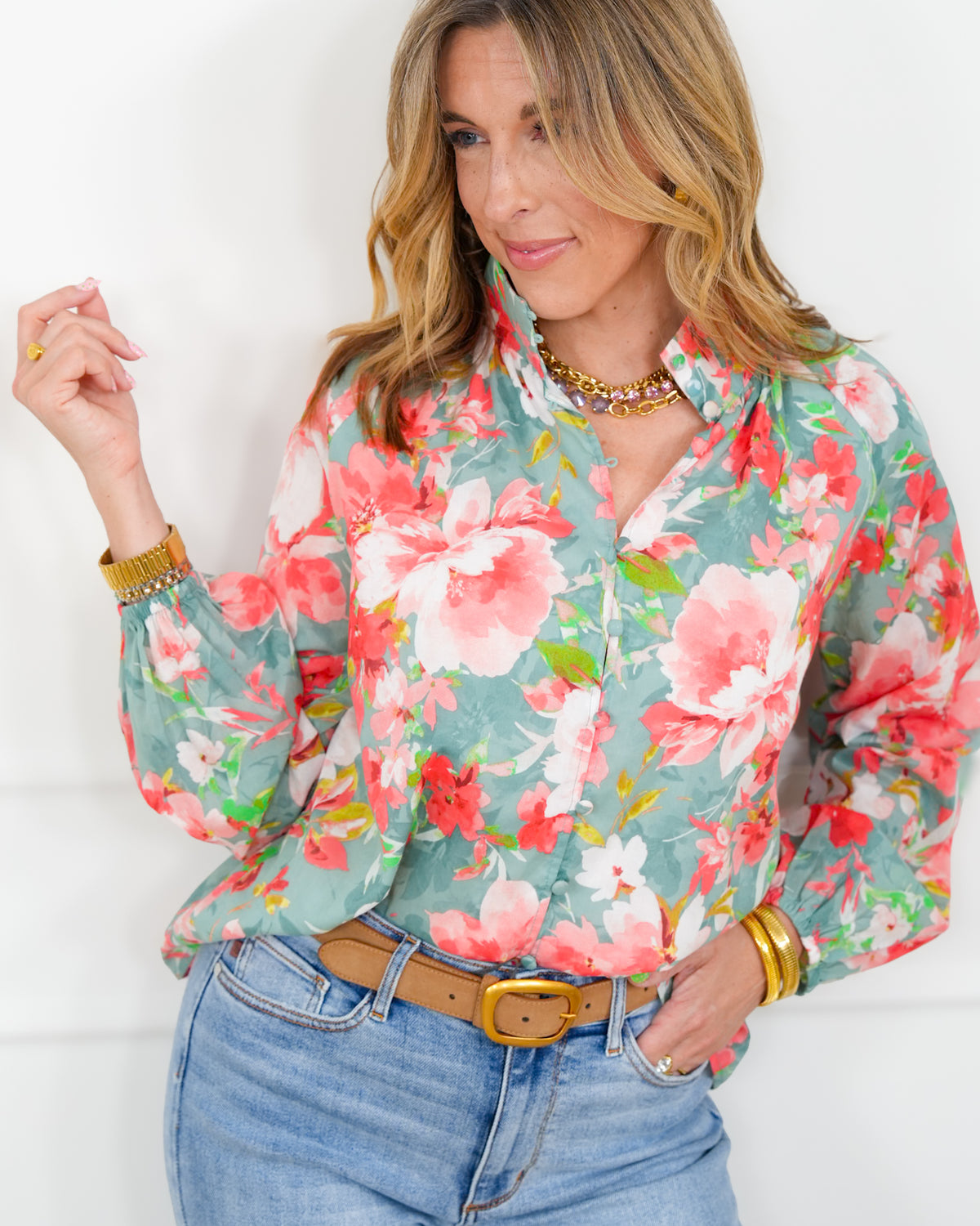 Floral Long Sleeve Button Up Blouse - Freckled Poppy