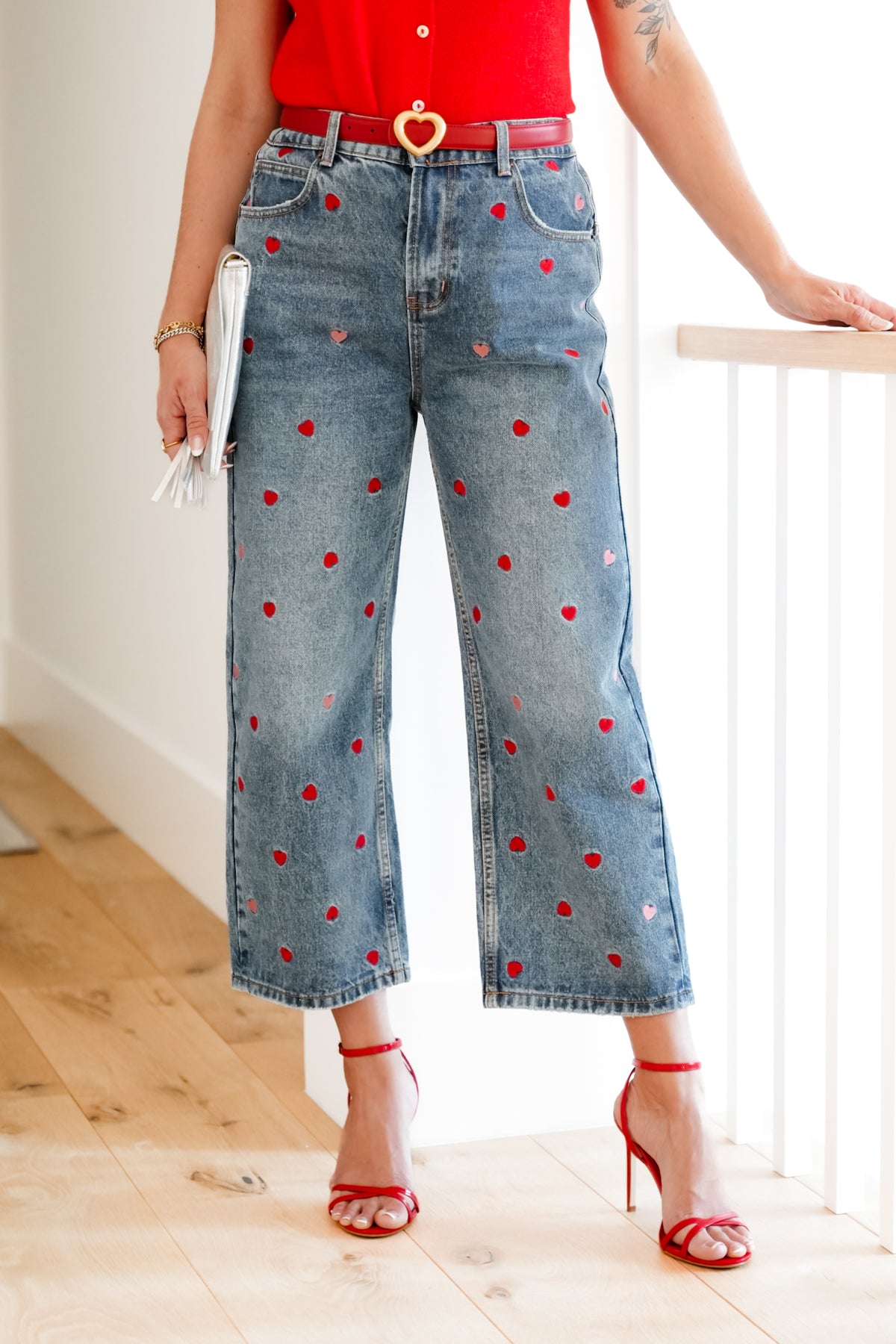 Medium Washed High Rise Embroidered Hearts Jeans - Freckled Poppy