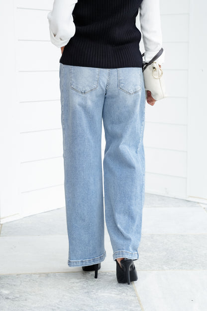Risen Mid Rise Medium Wash Wide Leg Jeans with Leg Snap For Barrel Fit - Freckled Poppy
