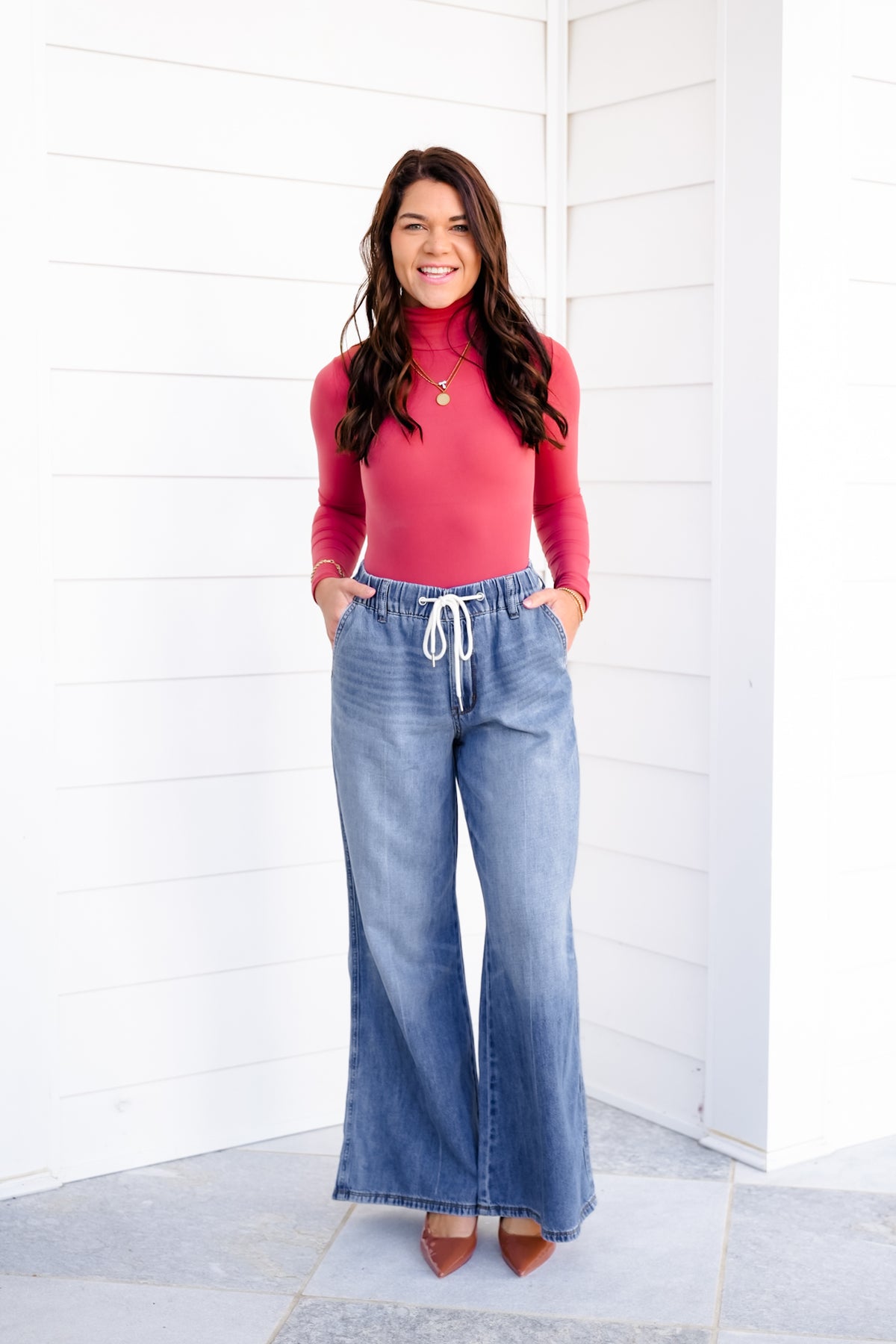 Judy Blue High Rise Dark Wash Elastic Waistband Featherweight Palazzo Jeans - Freckled Poppy