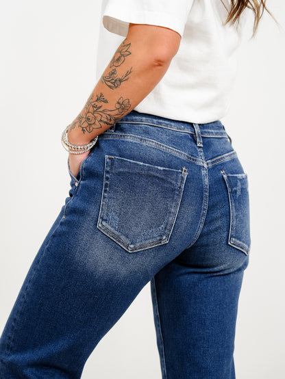 Risen Mid Rise Dark Wash Slouchy Cuffed Boyfriend Jeans - Freckled Poppy