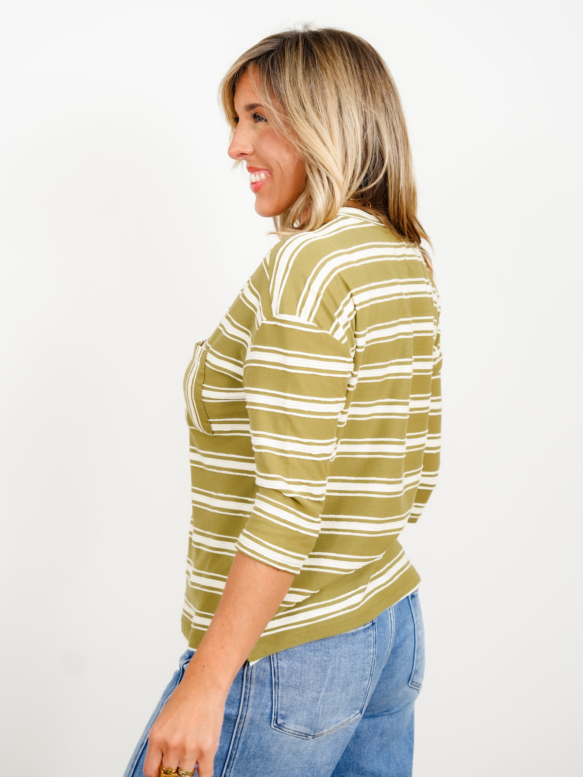 Plus/Reg Stripe 3/4 Sleeve Round Neck Top with Chest Pocket - Freckled Poppy