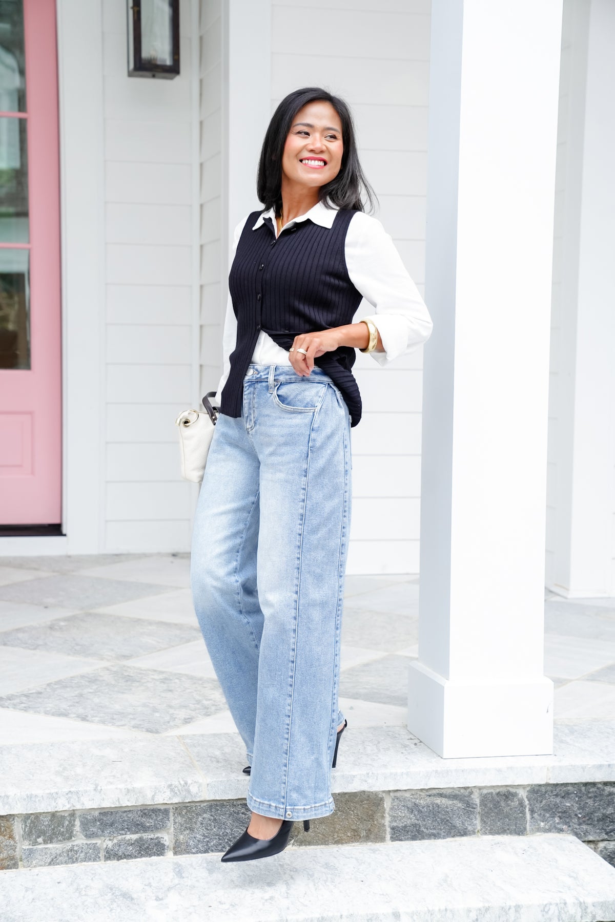 Risen Mid Rise Medium Wash Wide Leg Jeans with Leg Snap For Barrel Fit - Freckled Poppy