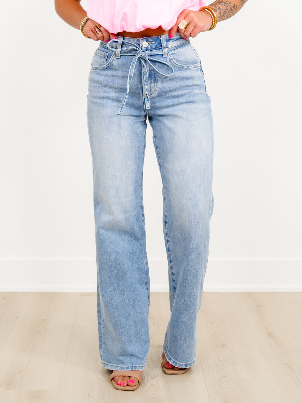 Risen High Rise Light Wash Wide Leg Jeans with Denim Tie Belt - Freckled Poppy
