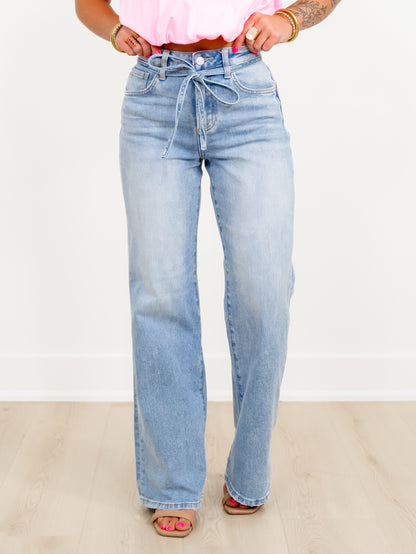 Risen High Rise Light Wash Wide Leg Jeans with Denim Tie Belt - Freckled Poppy