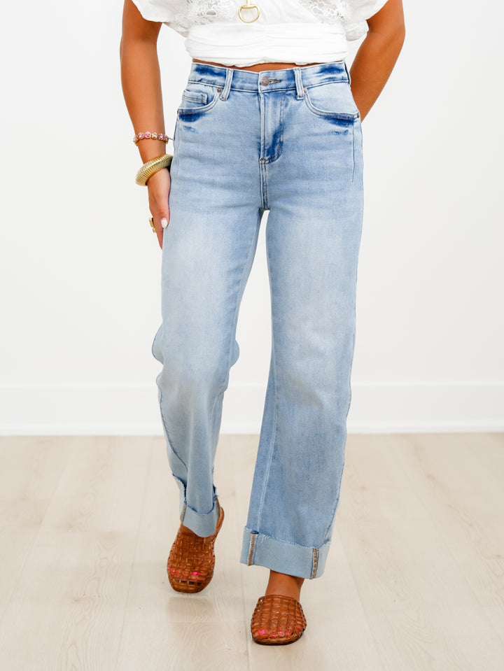 Saige High Rise Medium Wash Tummy Control Straight Leg Cuffed Jeans - Freckled Poppy
