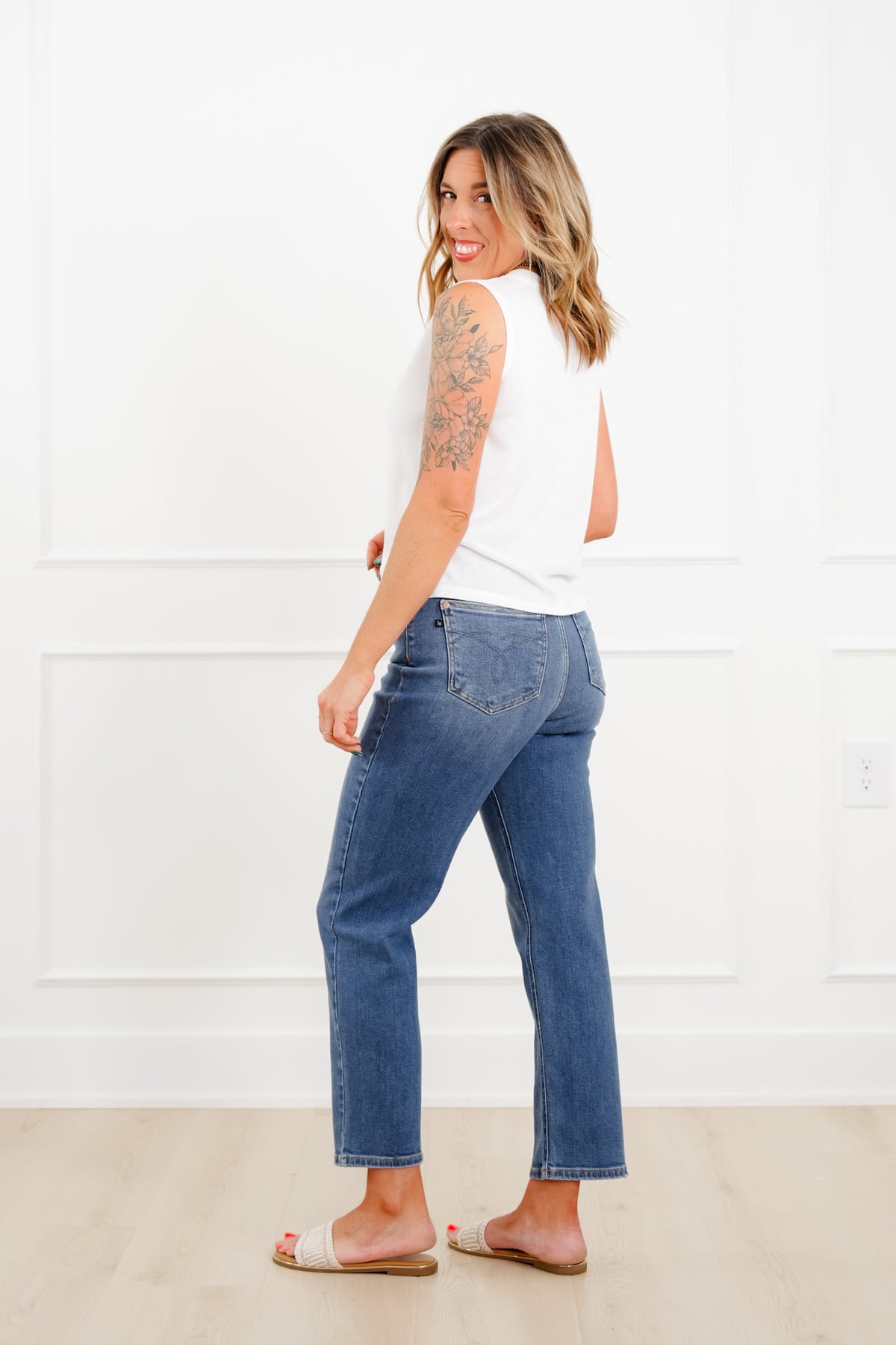 Judy Blue High Rise Medium Wash Ankle Length Straight Leg Jeans - Freckled Poppy