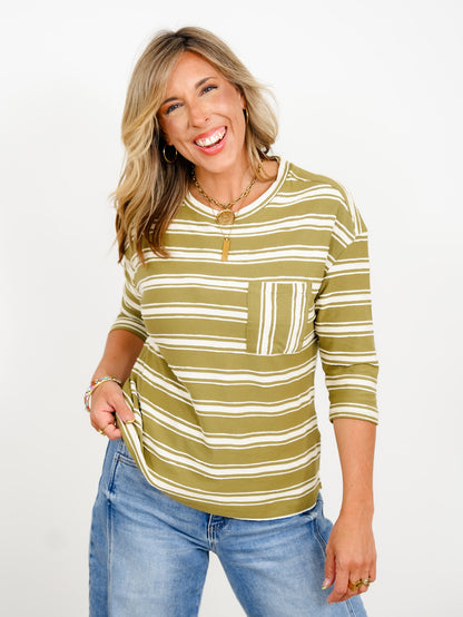 Plus/Reg Stripe 3/4 Sleeve Round Neck Top with Chest Pocket - Freckled Poppy