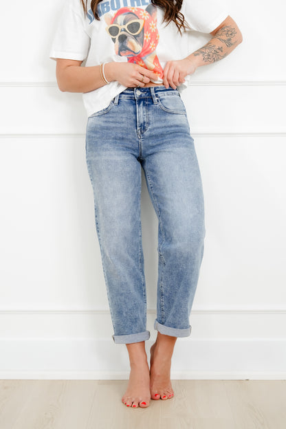 Restock! Risen High Rise Medium Wash Boyfriend Jeans - Freckled Poppy