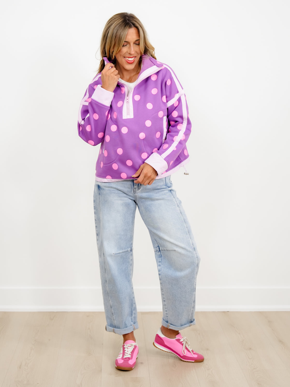 Polka Dot Long Sleeve Half Zip Jacket with Contrast Trim - Freckled Poppy