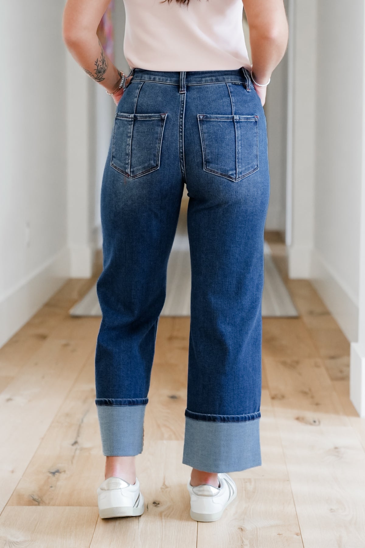 Risen Multi Inseam High Rise Dark Wash Cropped Wide Cuffed Straight Leg Jeans - Freckled Poppy
