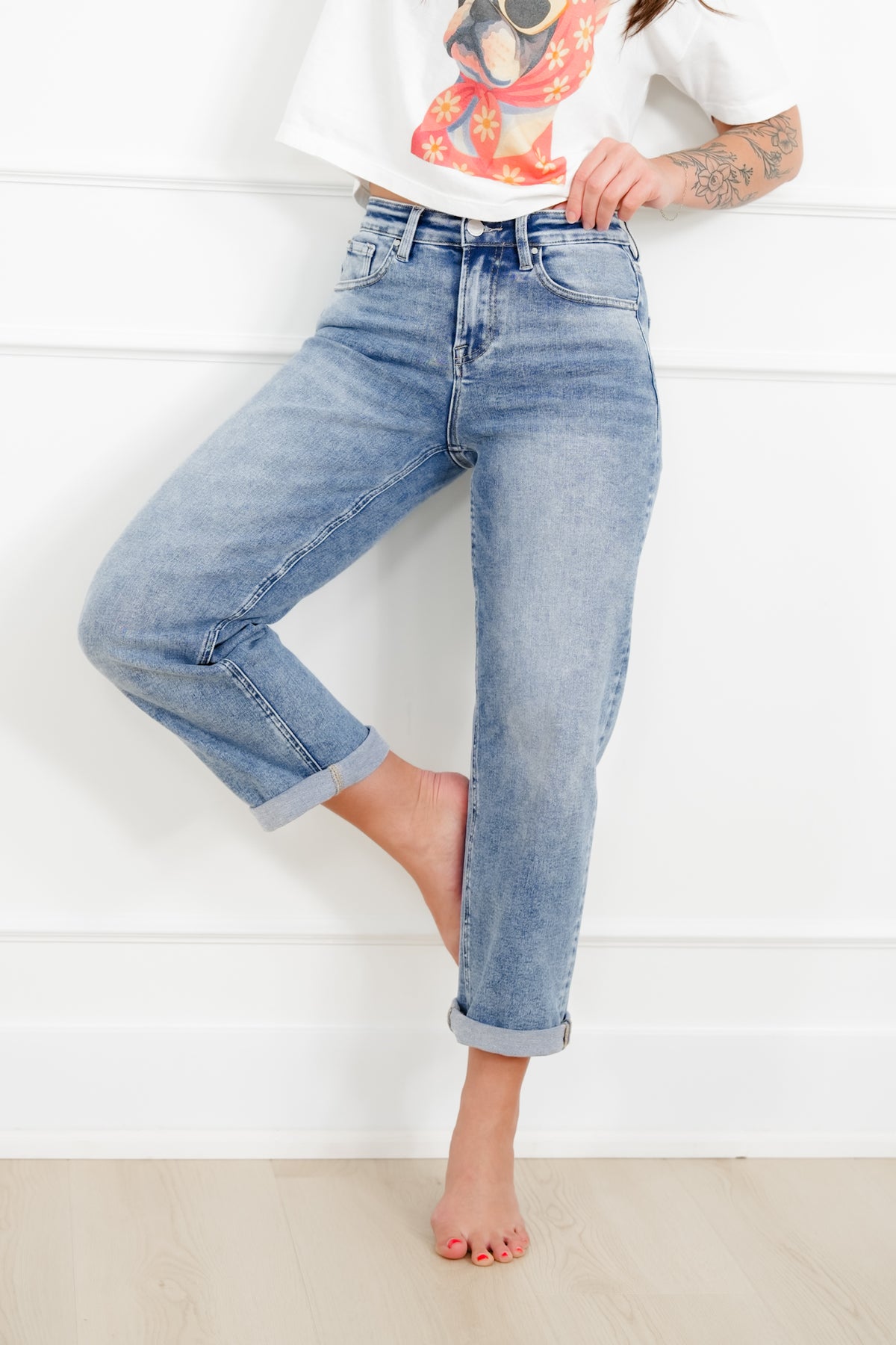Restock! Risen High Rise Medium Wash Boyfriend Jeans - Freckled Poppy