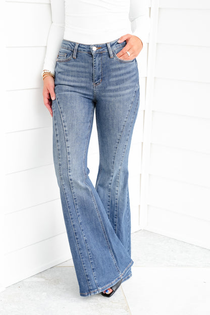 Restock! Judy Blue Golden Hour Mid Rise Flare Jeans with Double Angular Seam - Freckled Poppy