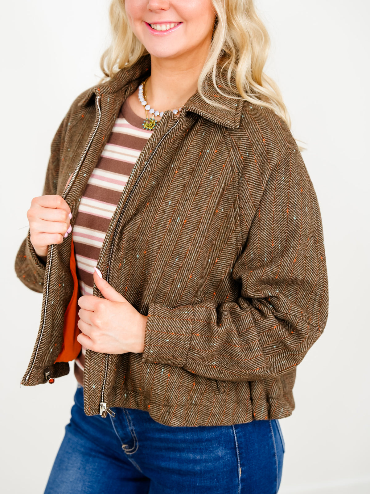 Plus/Reg Herringbone Tweed Zip Up Bomber Jacket - Freckled Poppy