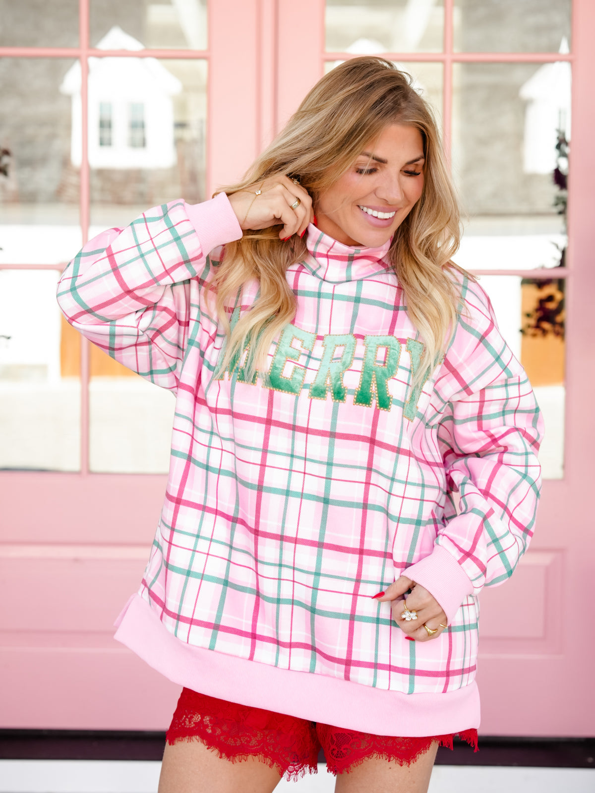 Plaid Print Merry Patch Mock Neck Sweatshirt