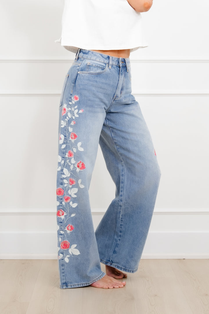 Bayeas High Rise Light Wash Barrel Jeans with Floral Embroidery - Freckled Poppy