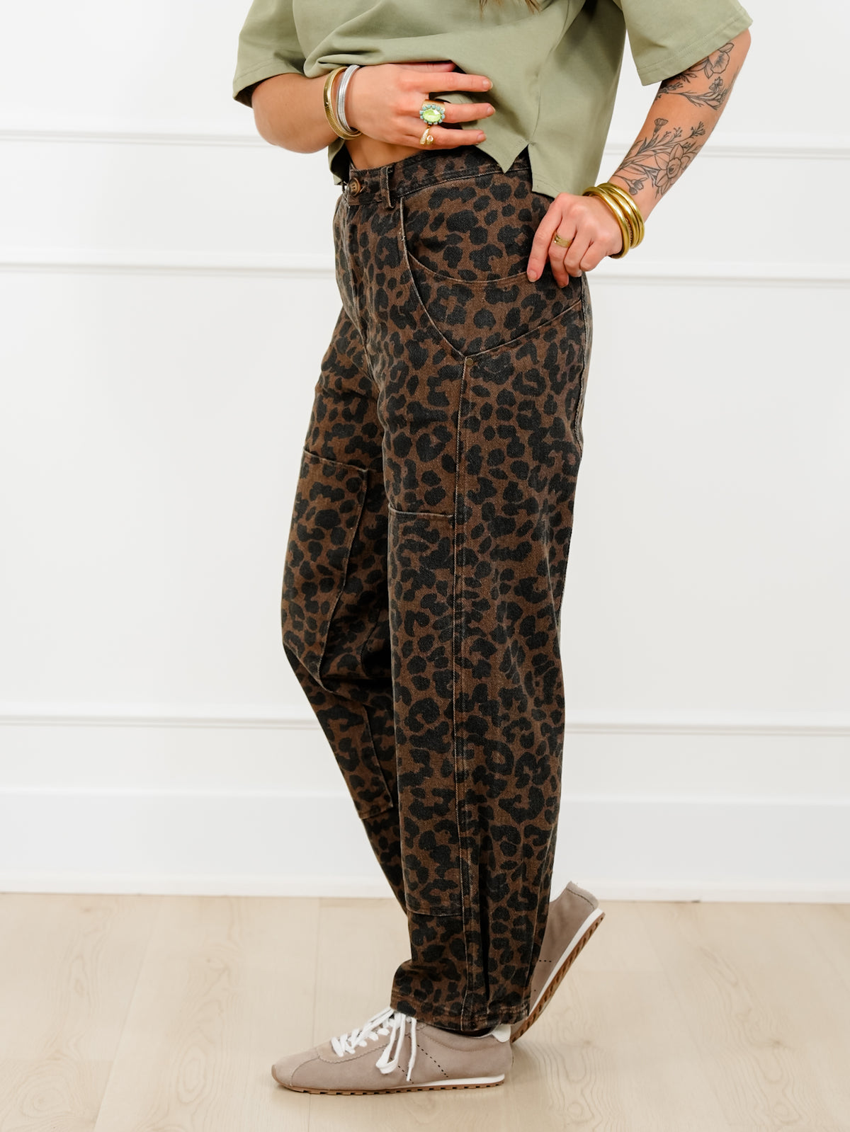 Leopard Print Twill Mid Rise Barrel Pants - Freckled Poppy