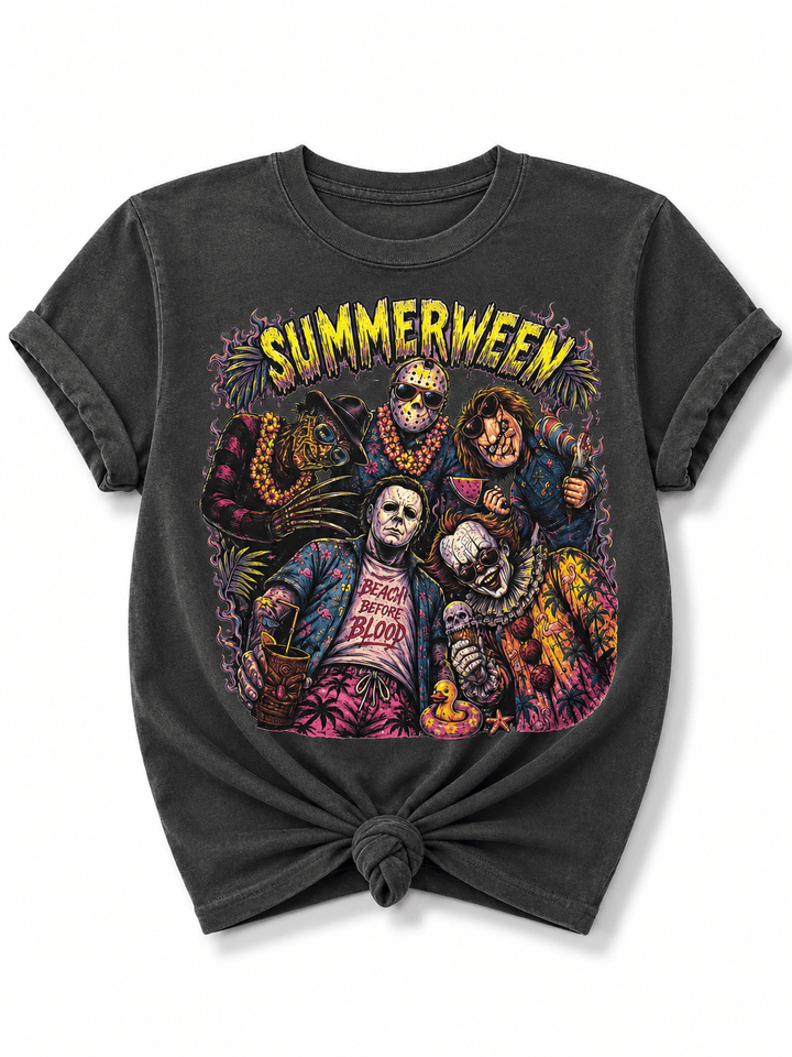 Plus/Reg Short Sleeve Summerween with Friends Horror Movie Graphic Tee - Freckled Poppy