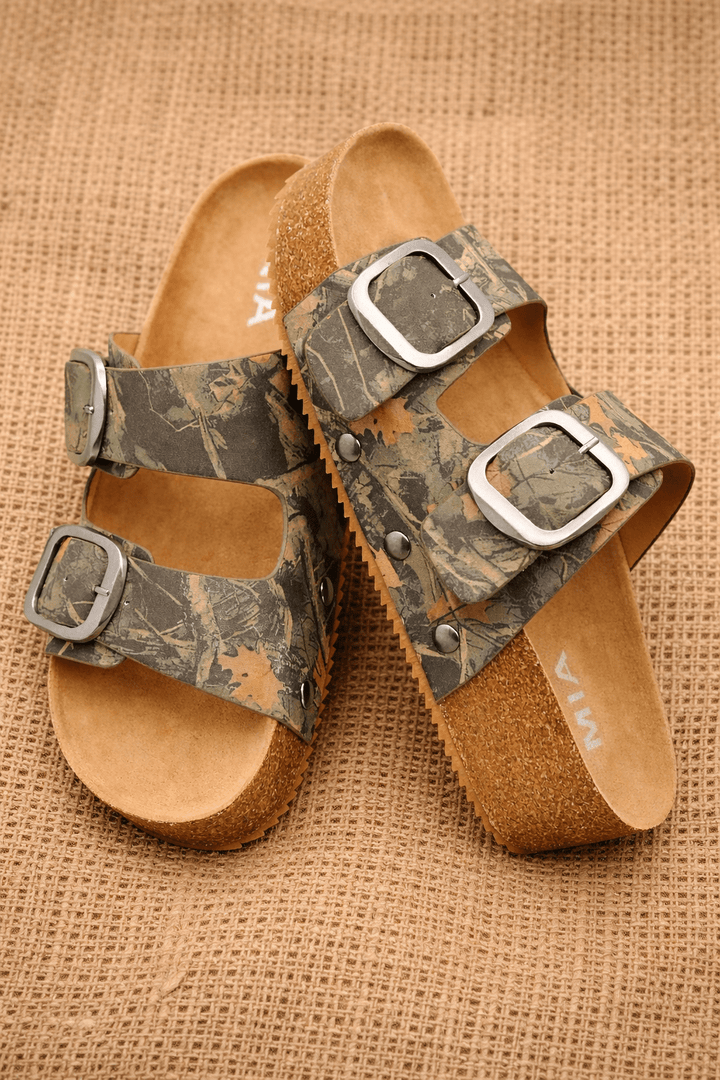 MIA Camo Print Double Buckle Cork Footbed Sandal - Freckled Poppy