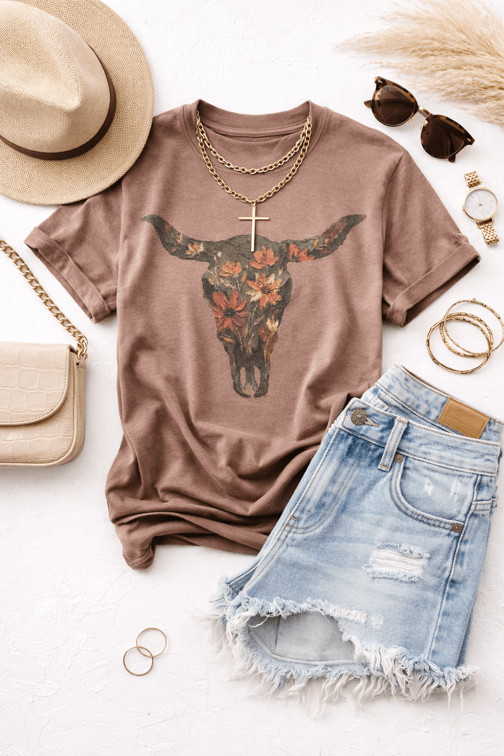Plus/Reg Short Sleeve "Floral Longhorn" Graphic Tee - Freckled Poppy