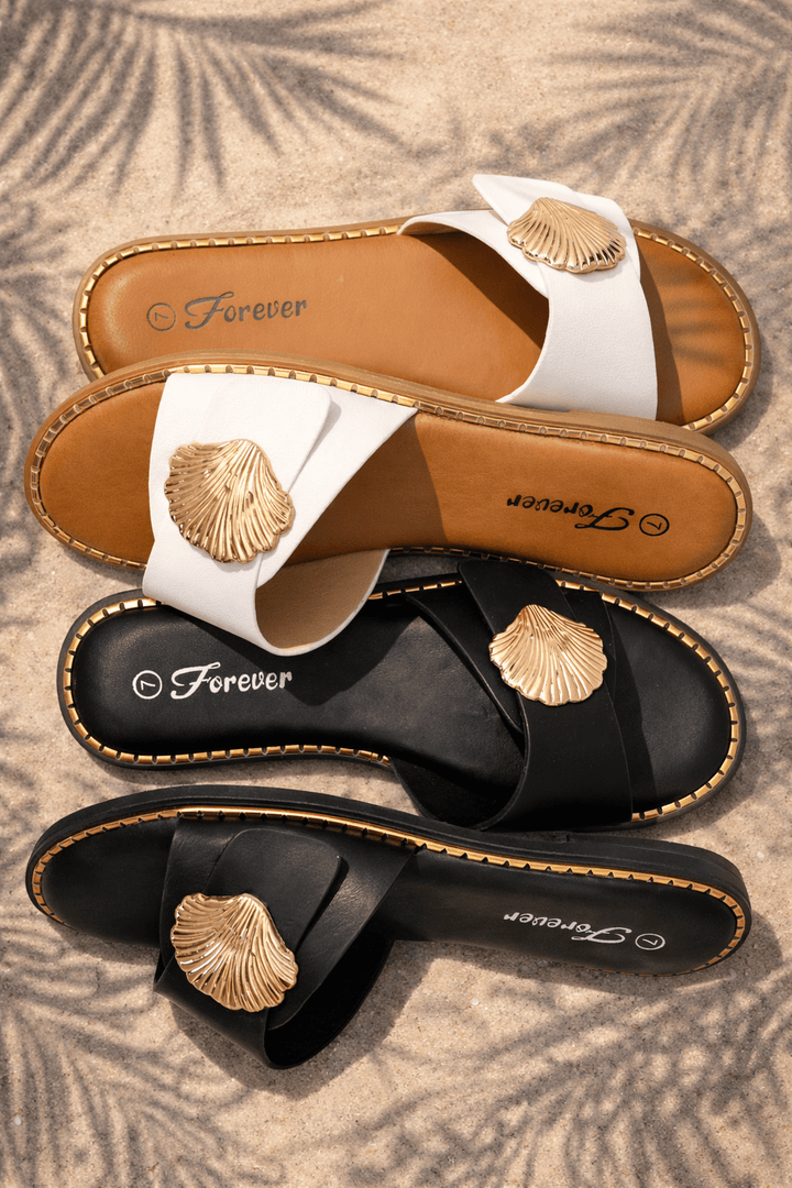 Vegan Leather Slide Sandal with Shell Accent - Freckled Poppy